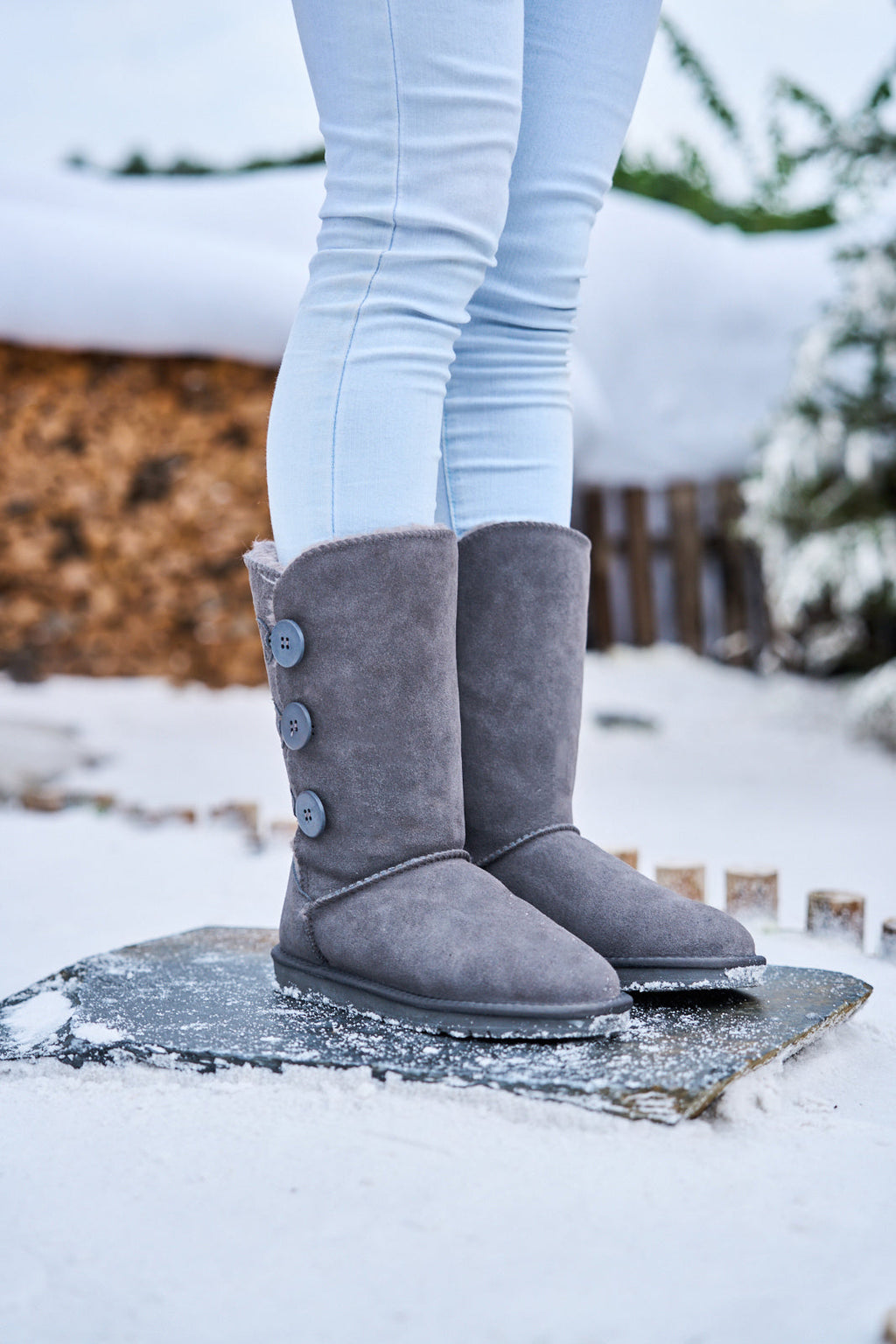 UGG Side Button Faux Fur-Lined Leather Suede Boots - Grey