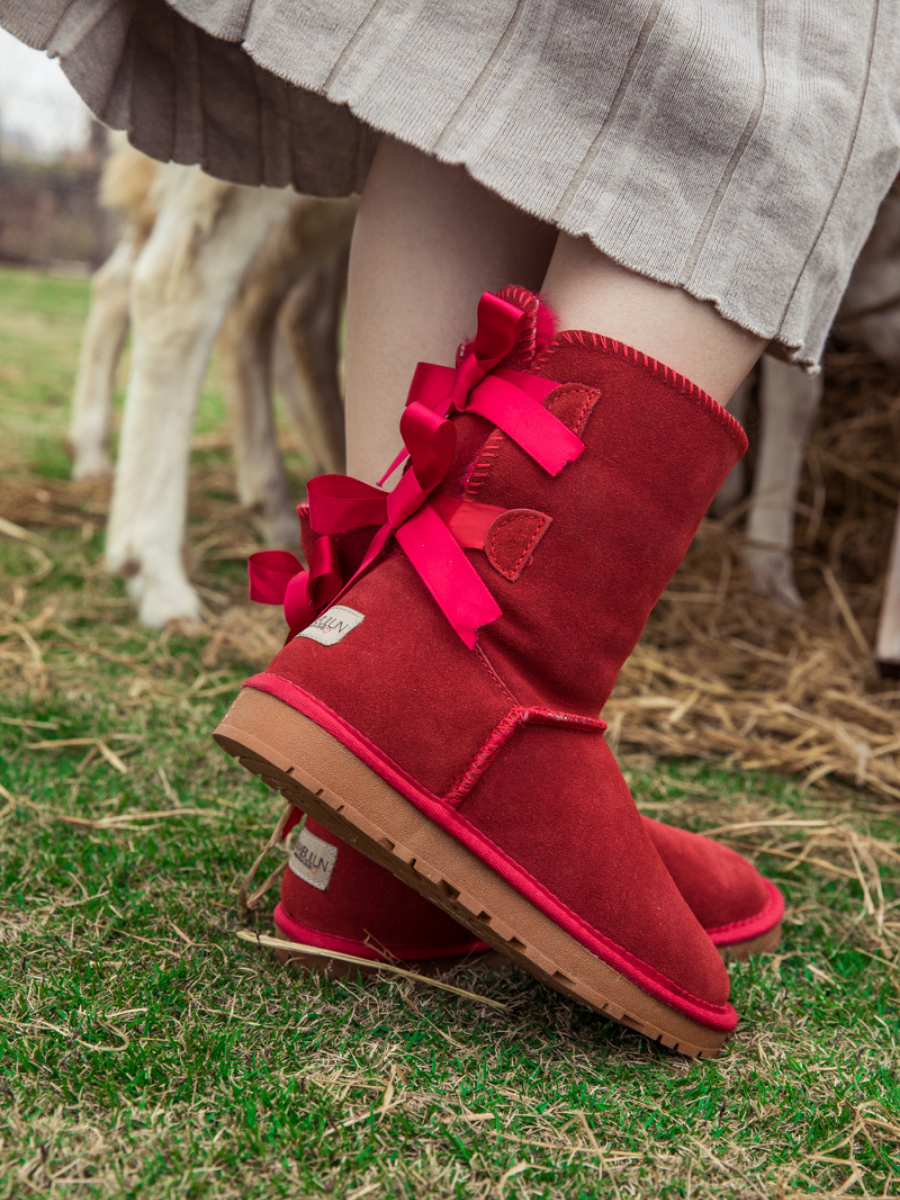 UGG Double Ballet Ribbon Bow Suede Shearling Boots - Red