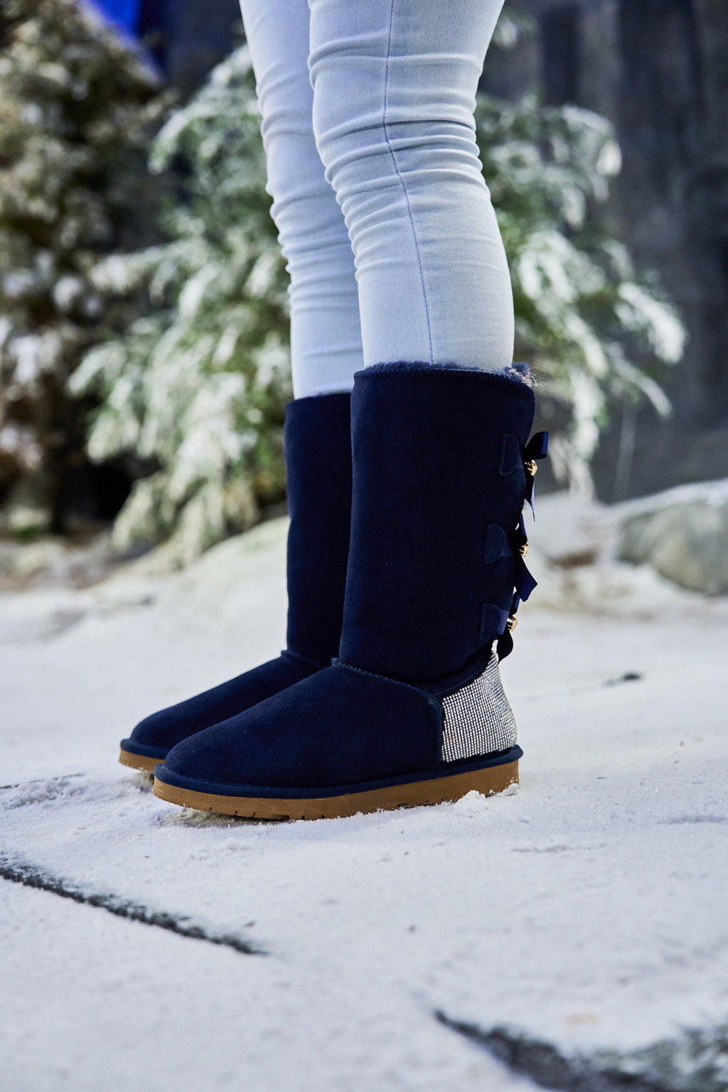 UGG Rhinestone Ribbon Tri-Tie Bow Suede Boots - Navy
