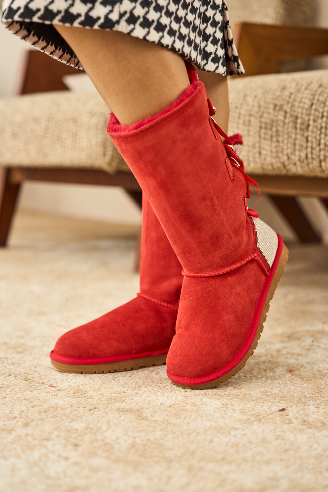 UGG Rhinestone Ribbon Tri-Tie Bow Suede Boots - Candy