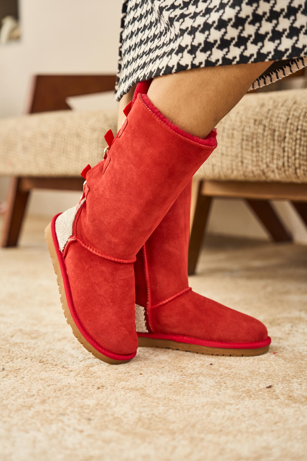 UGG Rhinestone Ribbon Tri-Tie Bow Suede Boots - Candy