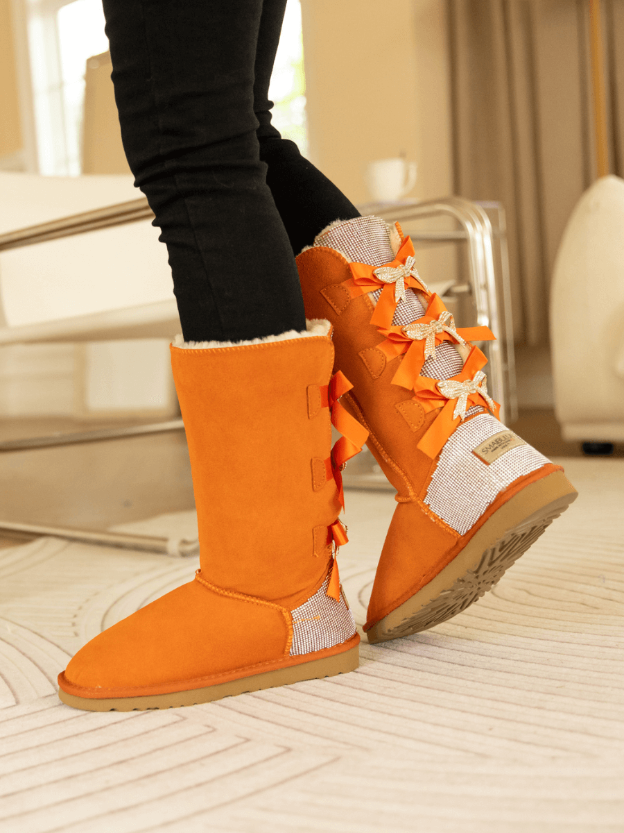 UGG Rhinestone Ribbon Tri-Tie Bow Suede Boots - Orange