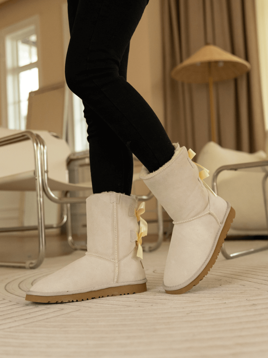 UGG Double Ballet Ribbon Bow Suede Shearling Boots - Ivory