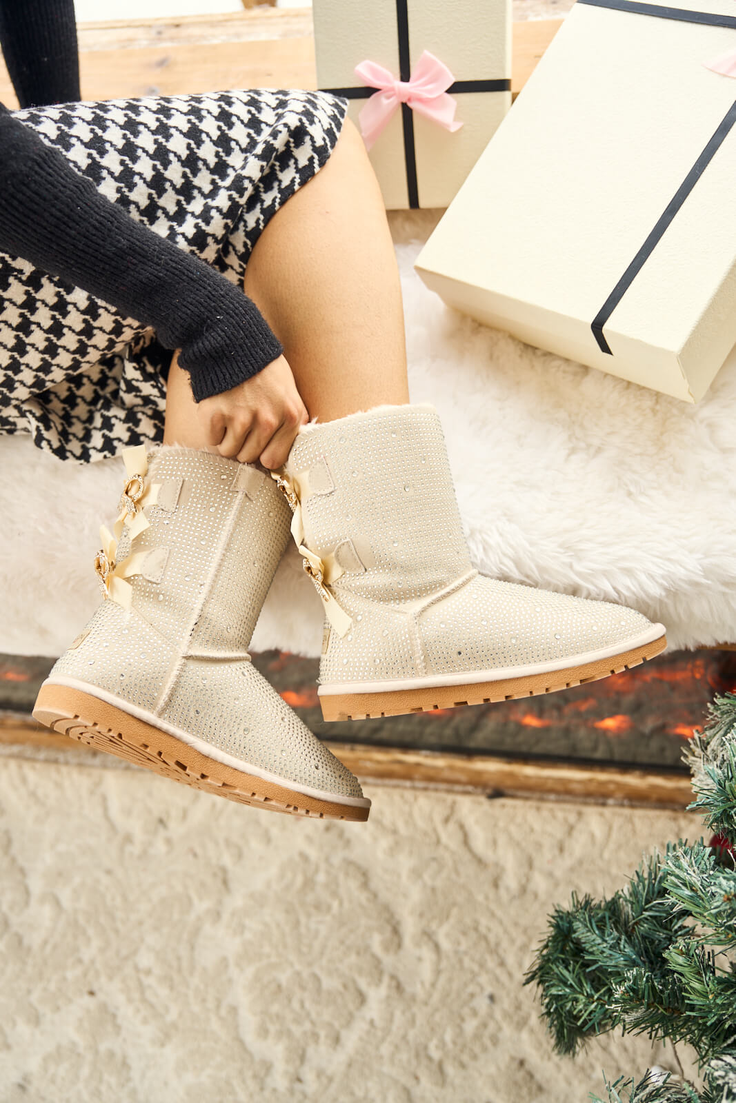 UGG Tay Tay Shine On Stage Diamond Bows Suede Boots - Cream