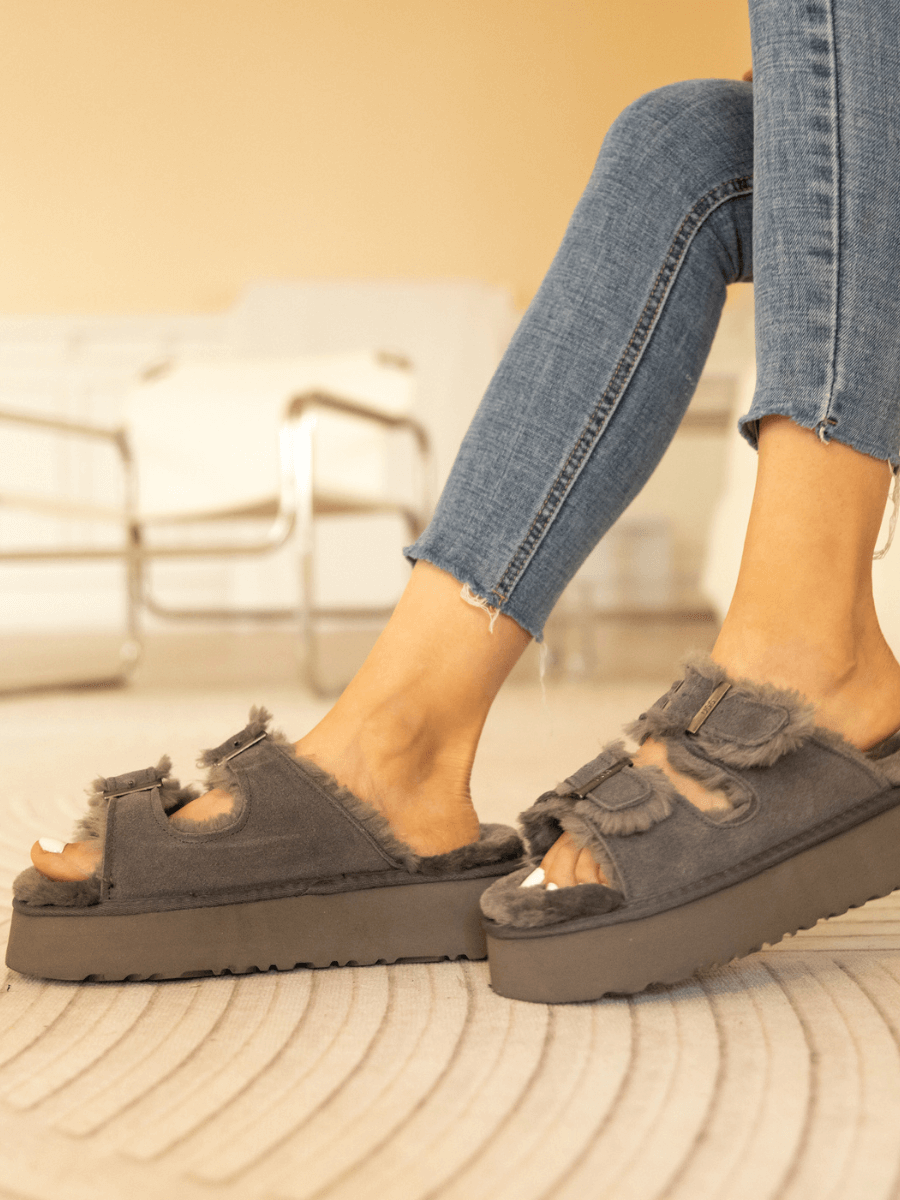 UGG Woolen Suede Double-Strap Platform Sandal - Grey