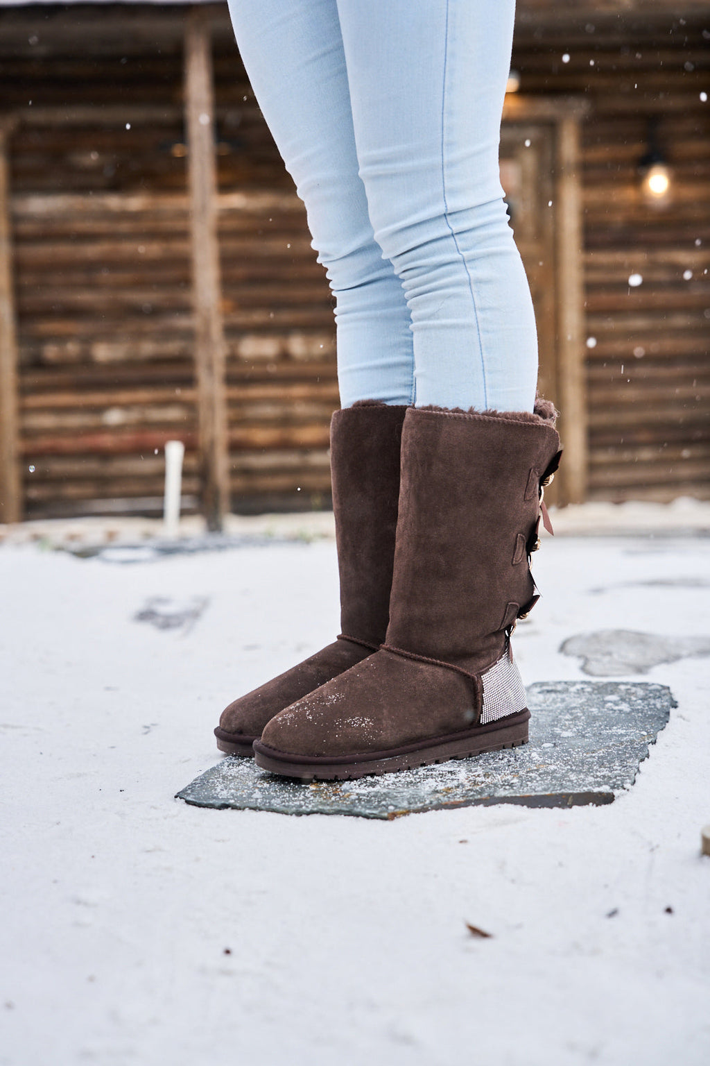 UGG Rhinestone Ribbon Tri-Tie Bow Suede Boots - Brown