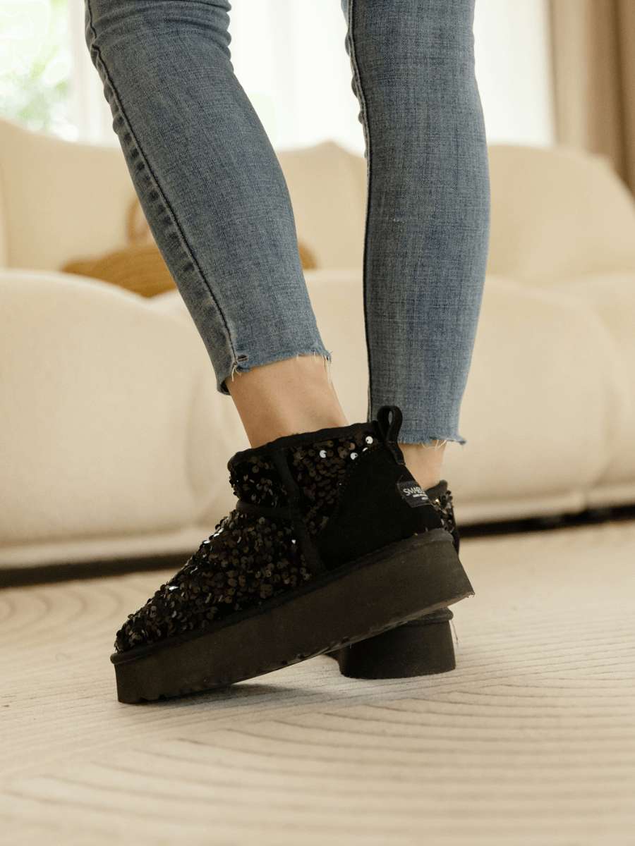 UGG Mini Glitter Low Ankle Platform Boots - Black