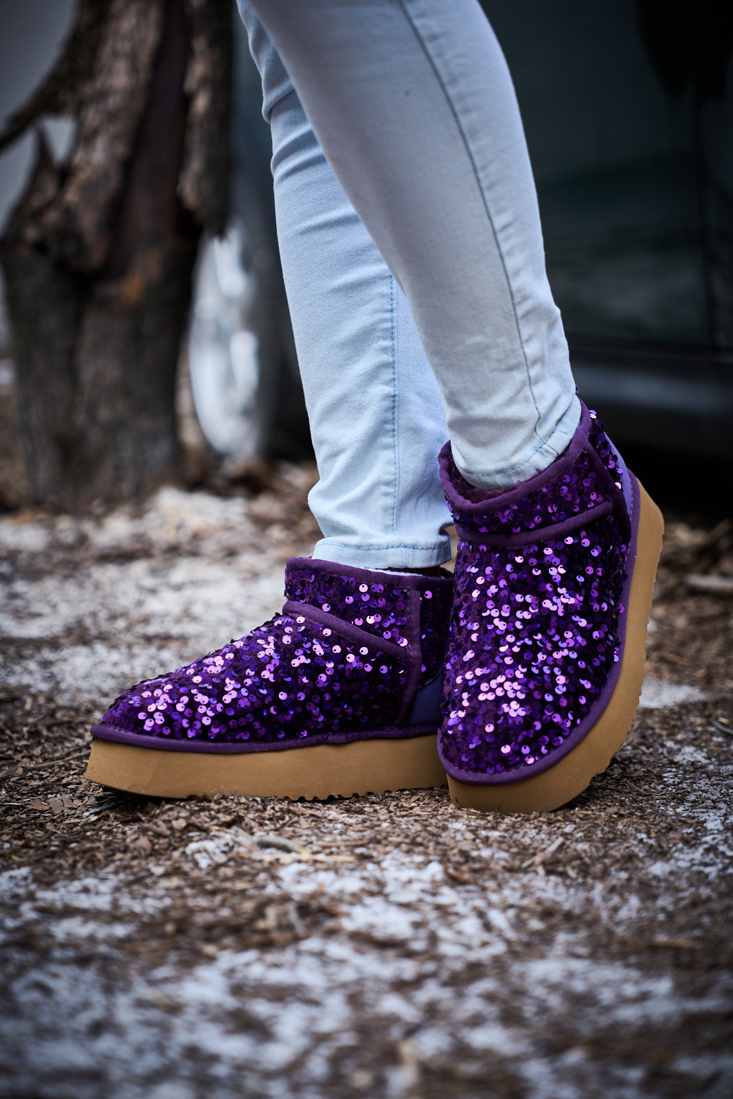 UGG Mini Glitter Low Ankle Platform Boots - Purple