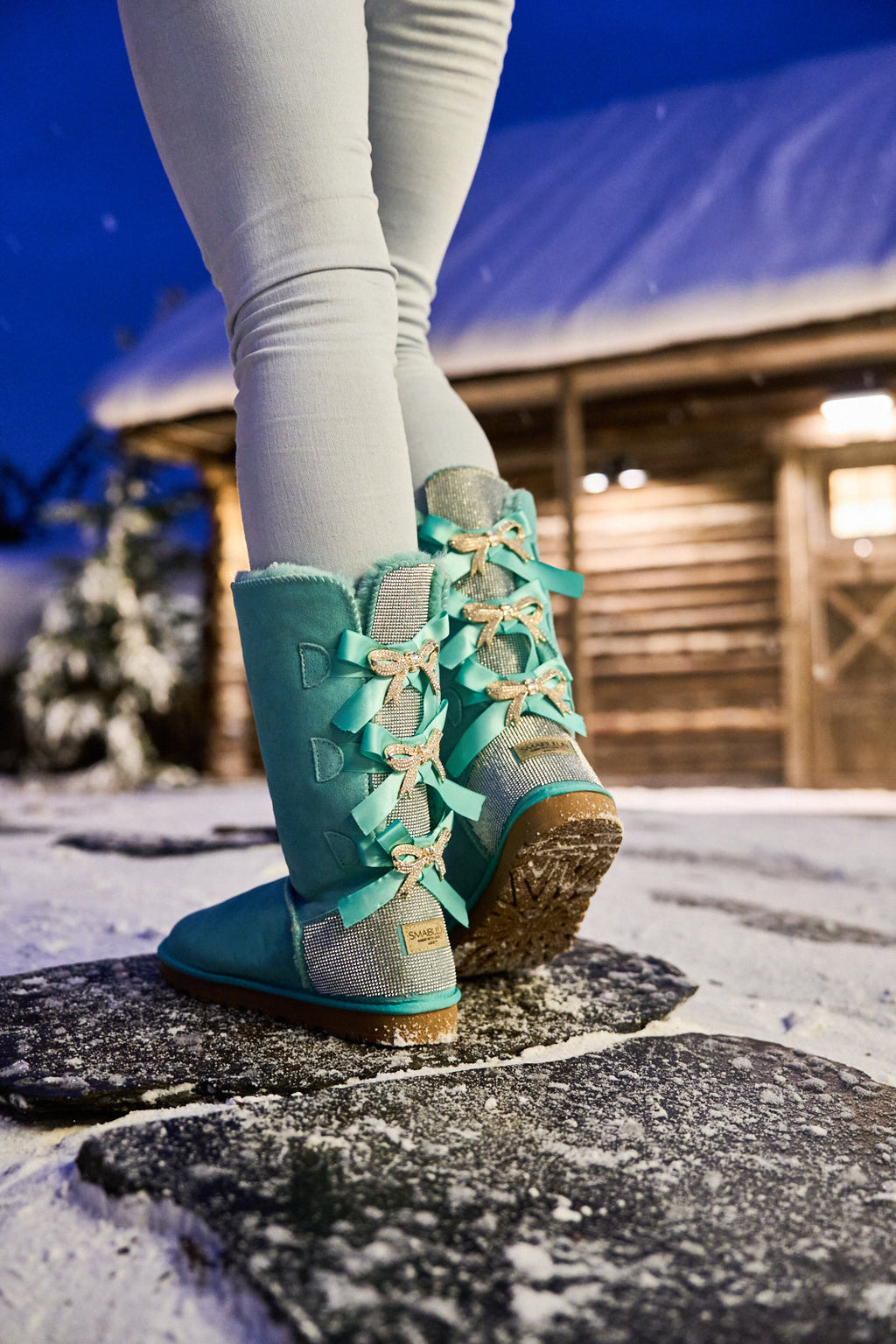 UGG Rhinestone Ribbon Tri-Tie Bow Suede Boots - Turquoise