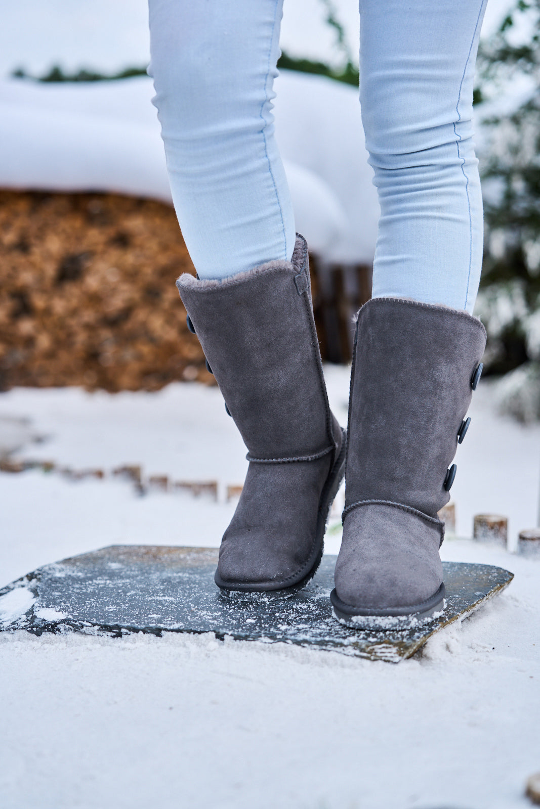 UGG Side Button Faux Fur-Lined Leather Suede Boots - Grey