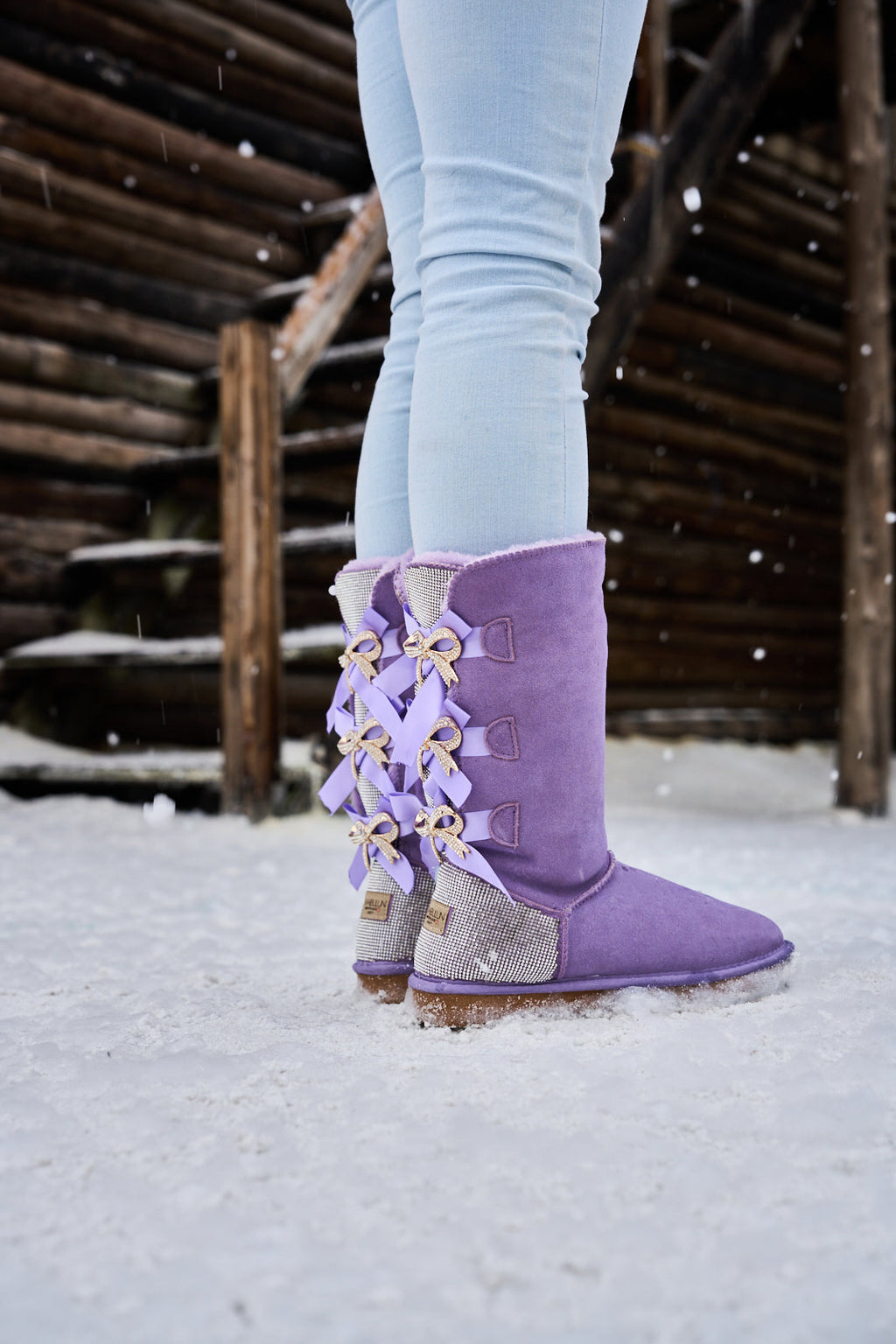 UGG Rhinestone Ribbon Tri-Tie Bow Suede Boots - Lavender