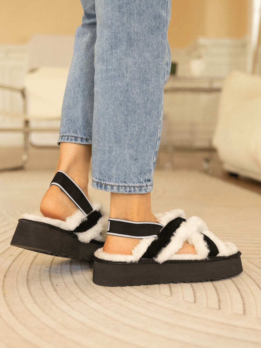 UGG Roar Wool-Lined Criss-Cross Strap Slipper - White