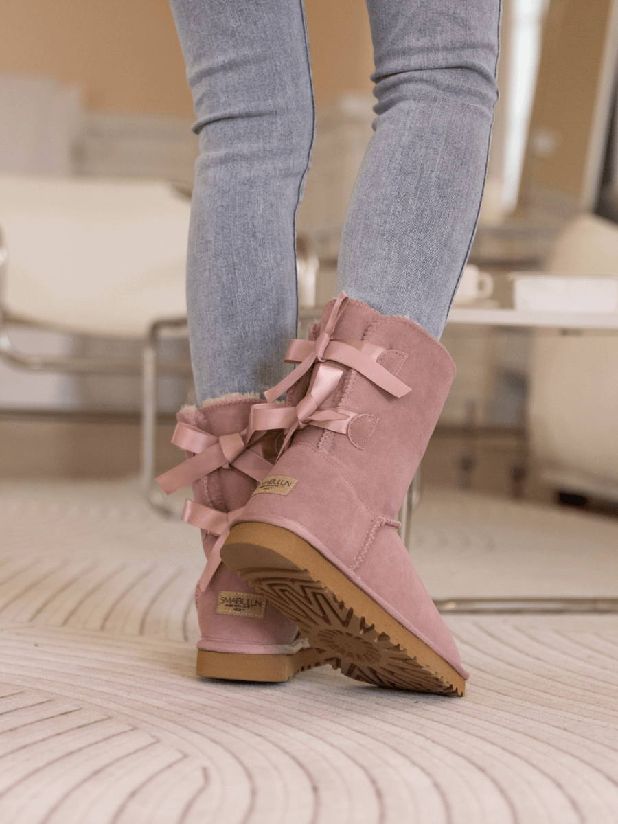 UGG Double Ballet Ribbon Bow Suede Shearling Boots - Taro