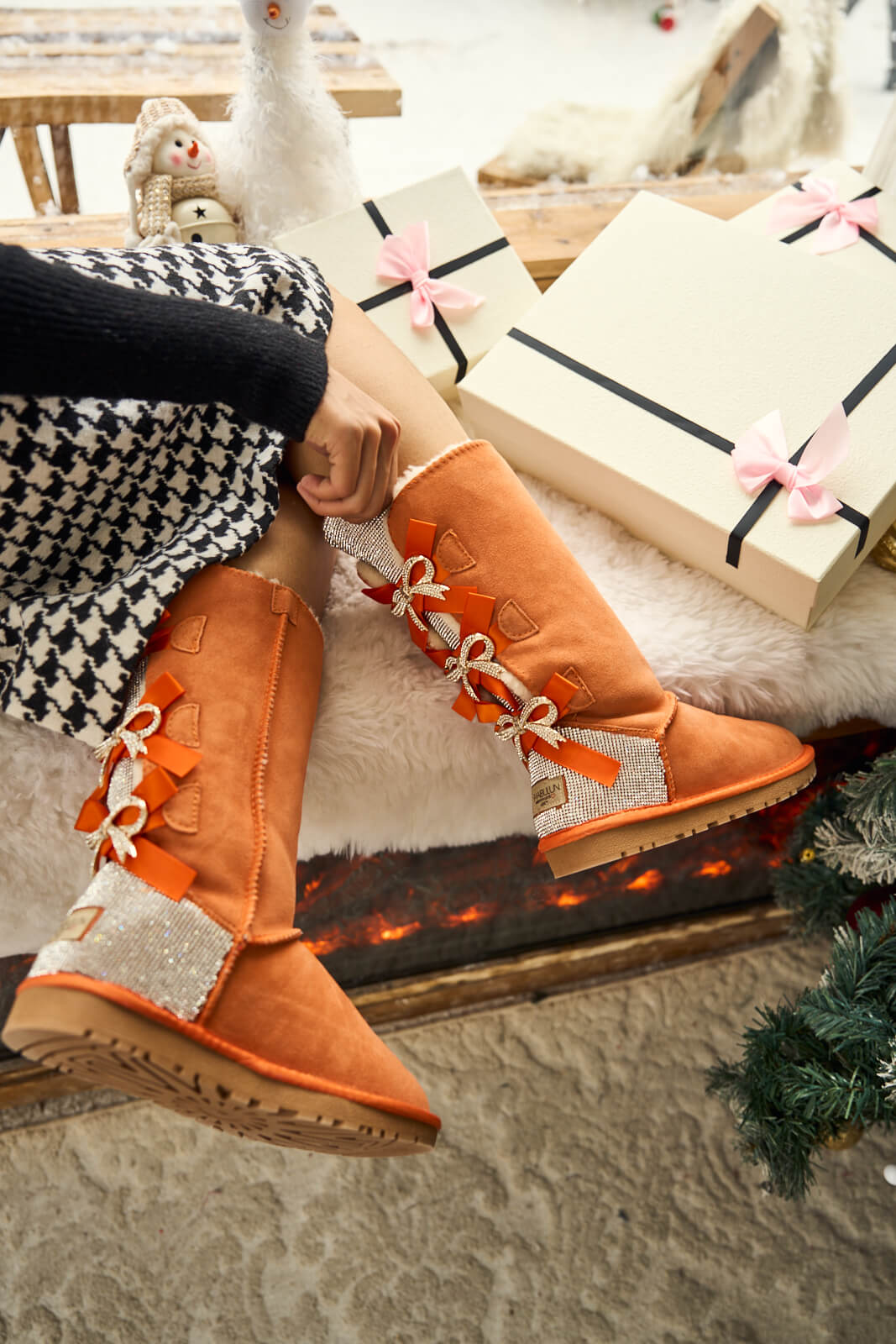 UGG Rhinestone Ribbon Tri-Tie Bow Suede Boots - Tangerine