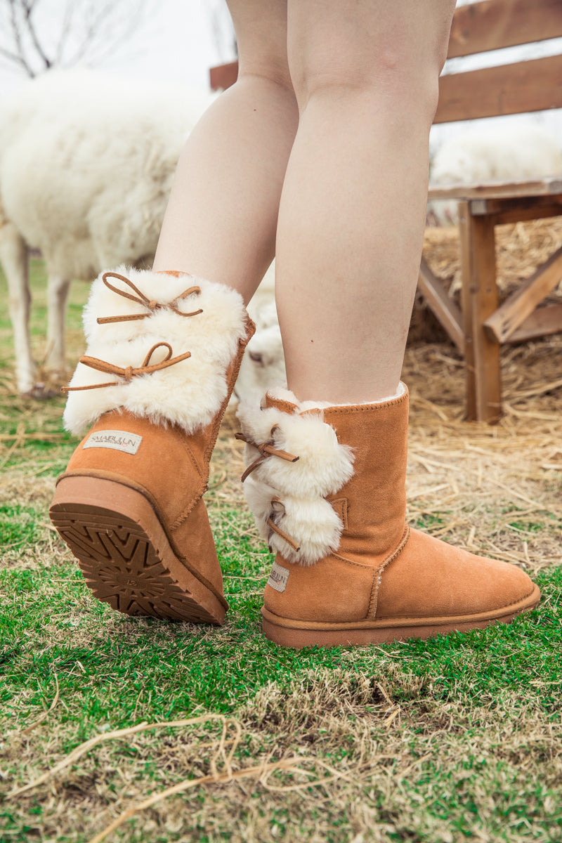 UGG Back Woollen Bow Suede Boots - Chestnut