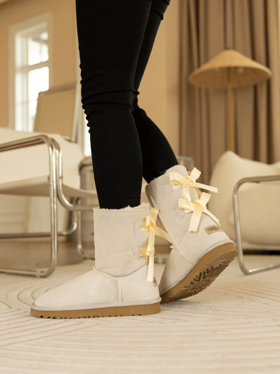UGG Double Ballet Ribbon Bow Suede Shearling Boots - Ivory