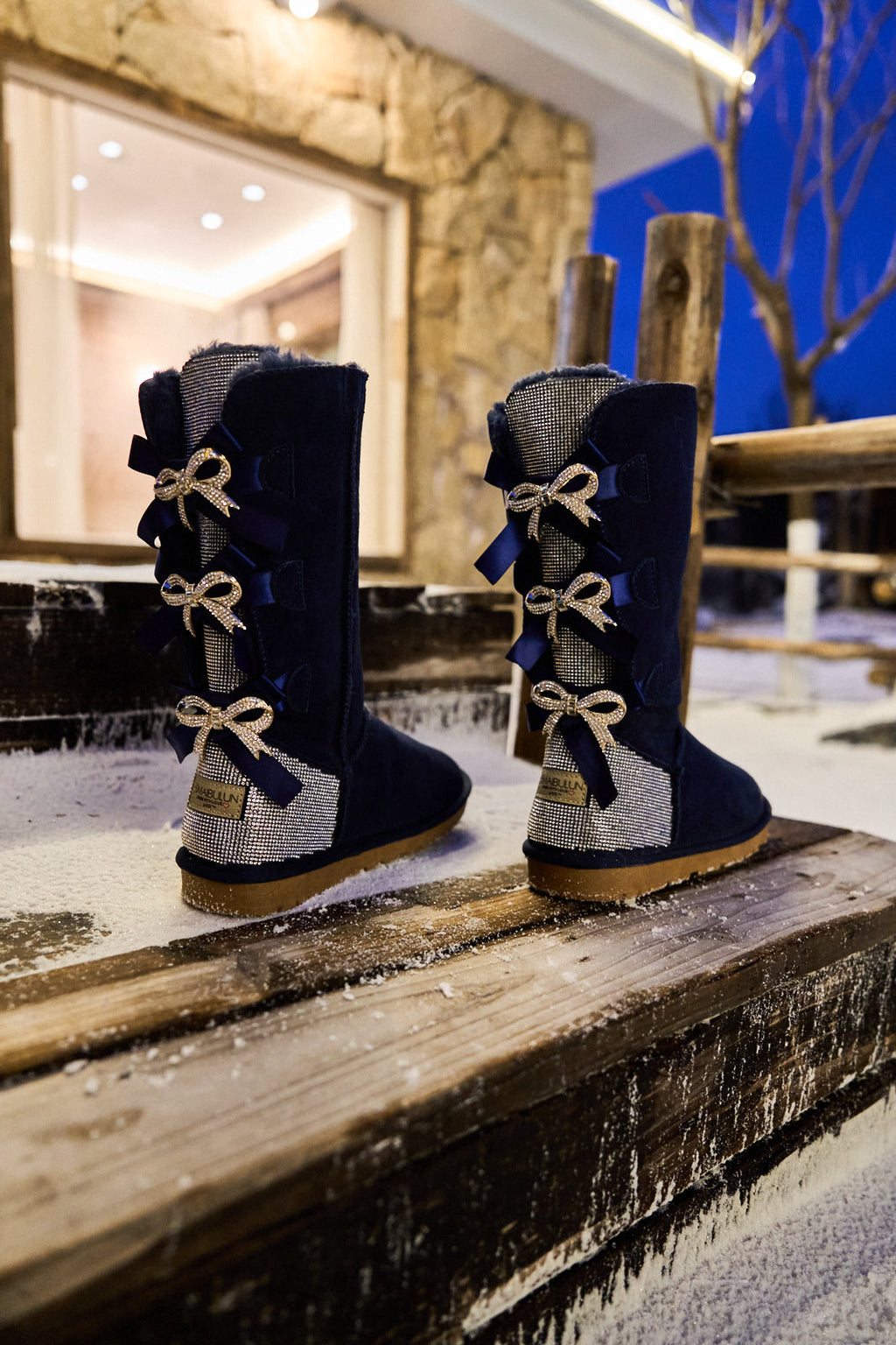UGG Rhinestone Ribbon Tri-Tie Bow Suede Boots - Navy