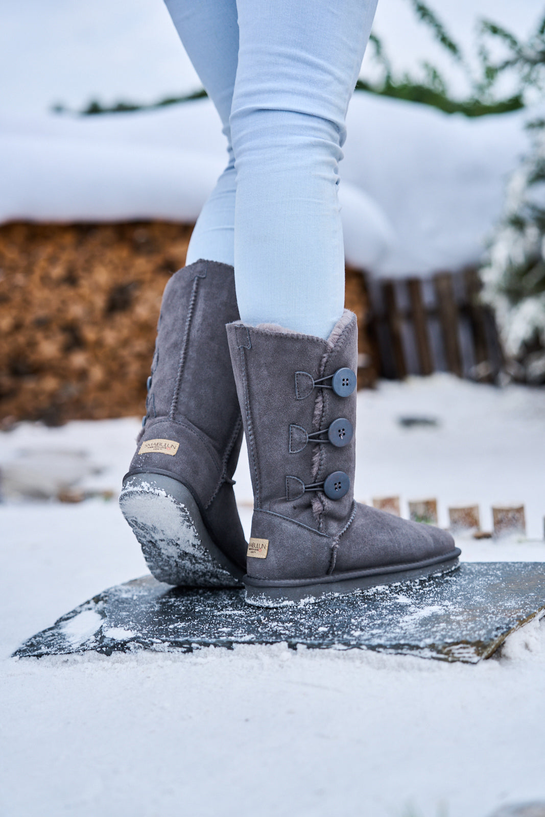 UGG Side Button Faux Fur-Lined Leather Suede Boots - Grey