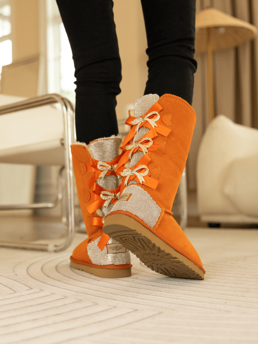 UGG Rhinestone Ribbon Tri-Tie Bow Suede Boots - Orange