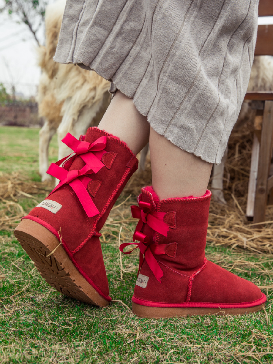 UGG Double Ballet Ribbon Bow Suede Shearling Boots - Red