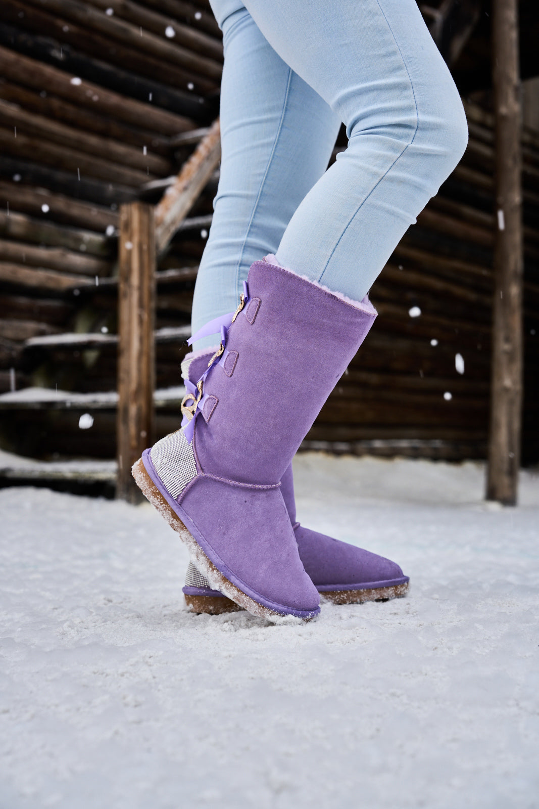 UGG Rhinestone Ribbon Tri-Tie Bow Suede Boots - Lavender