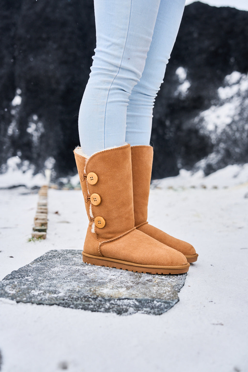 UGG Side Button Faux Fur-Lined Leather Suede Boots - Chestnut