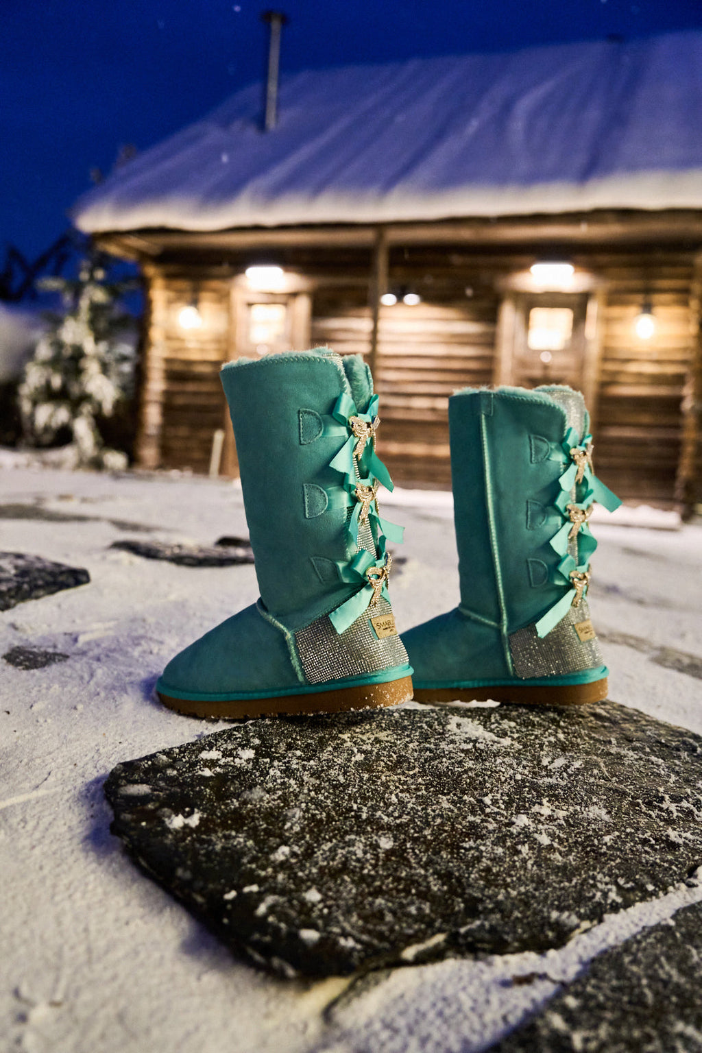 UGG Rhinestone Ribbon Tri-Tie Bow Suede Boots - Turquoise
