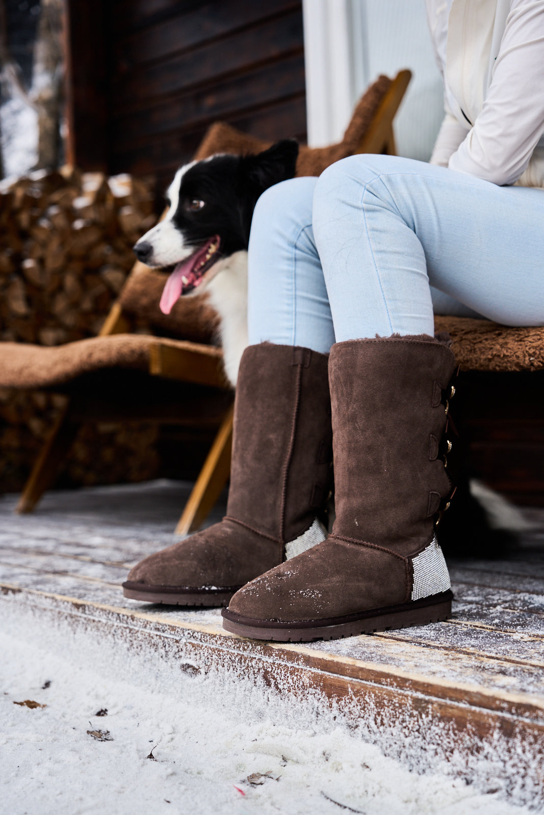 UGG Rhinestone Ribbon Tri-Tie Bow Suede Boots - Brown