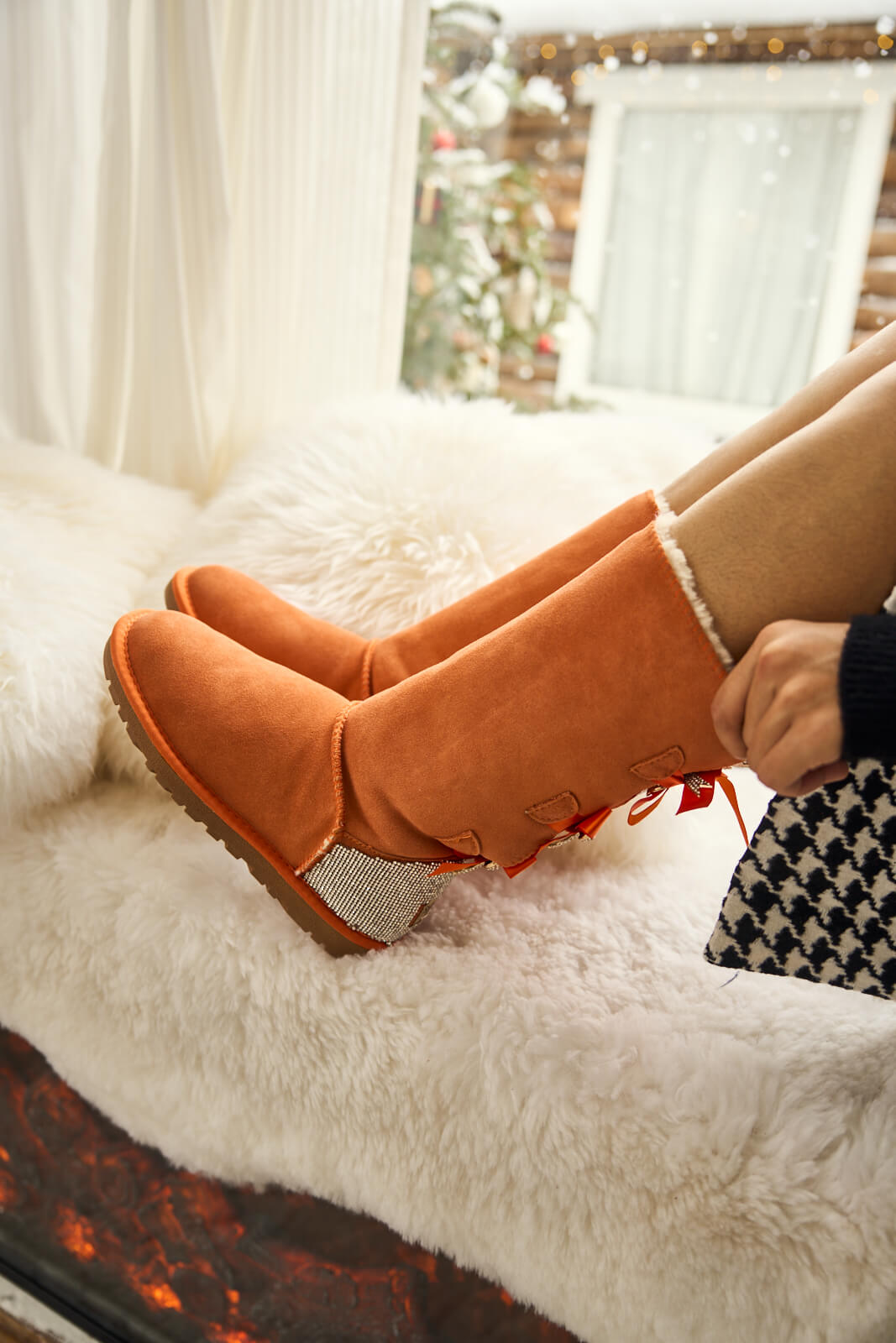 UGG Rhinestone Ribbon Tri-Tie Bow Suede Boots - Tangerine