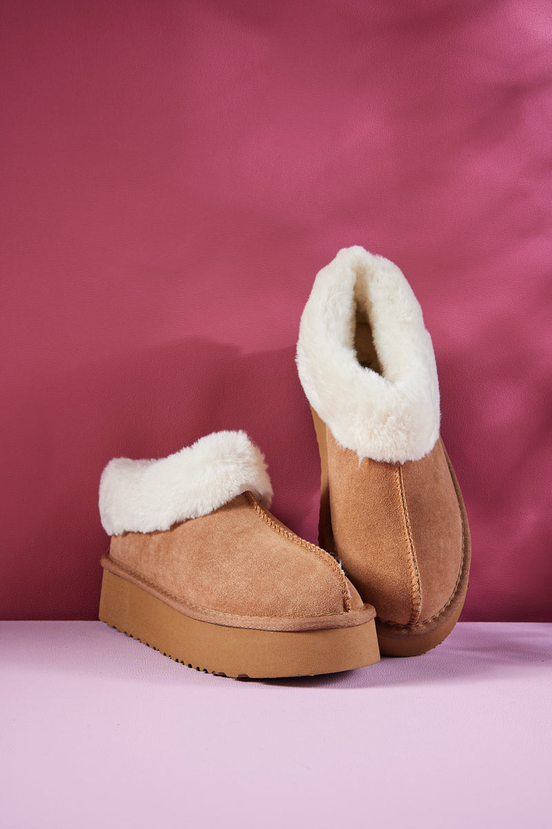 UGG Cuddle Up Wool-Lined Suede Bootie - Chestnut