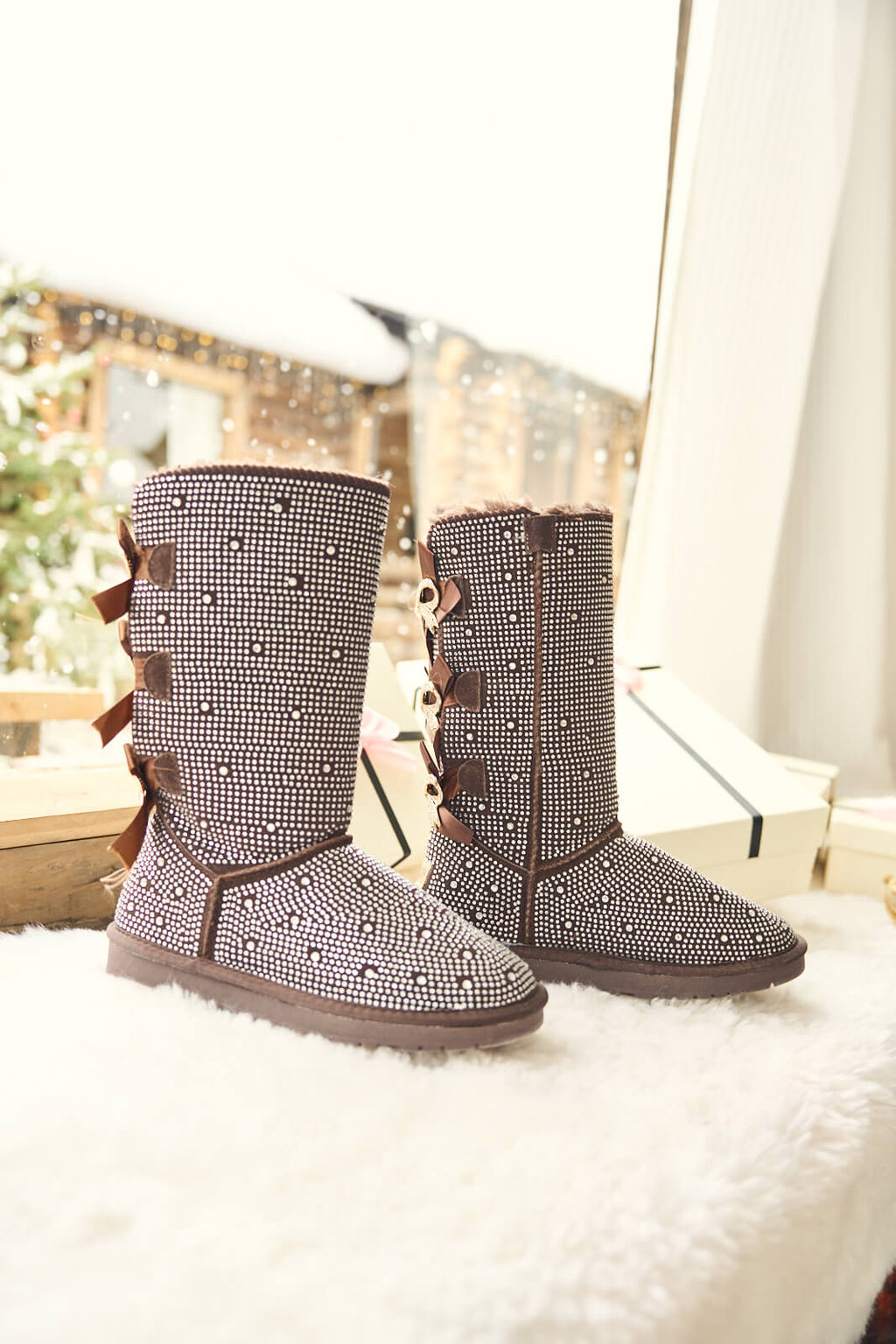 UGG Swifties Diamond Stage Ribbon Bows Suede Boots - Brown