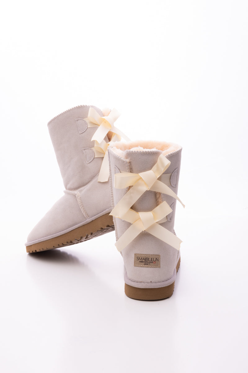 UGG Double Ballet Ribbon Bow Suede Shearling Boots - Ivory