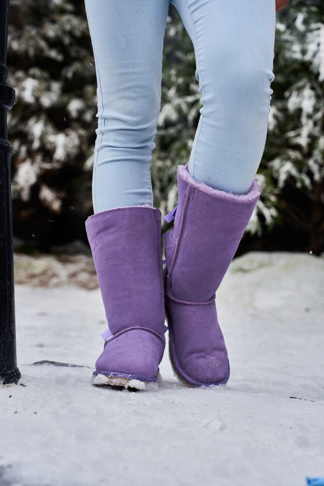 UGG Rhinestone Ribbon Tri-Tie Bow Suede Boots - Lavender