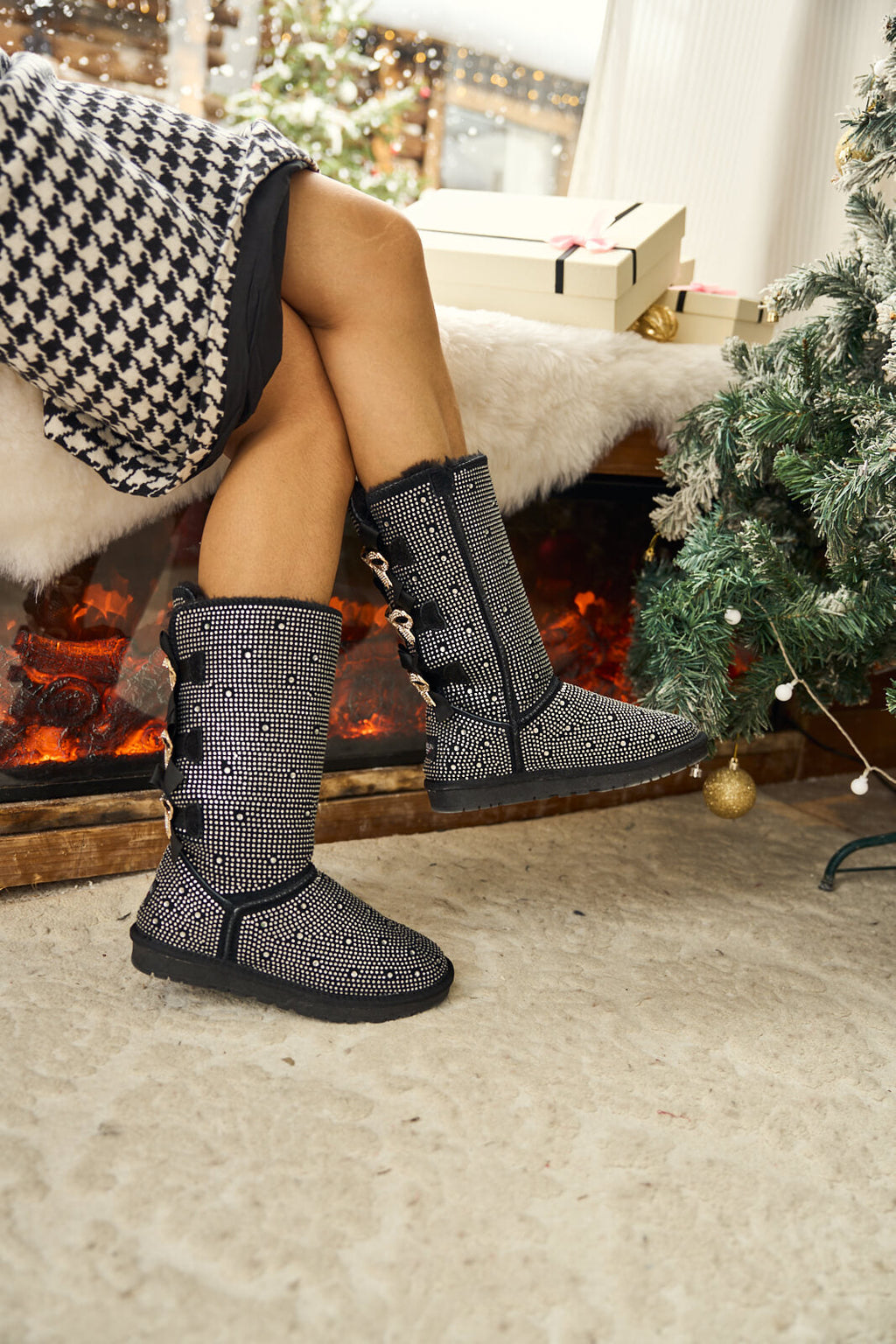 UGG Swifties Diamond Stage Ribbon Bows Suede Boots - Black