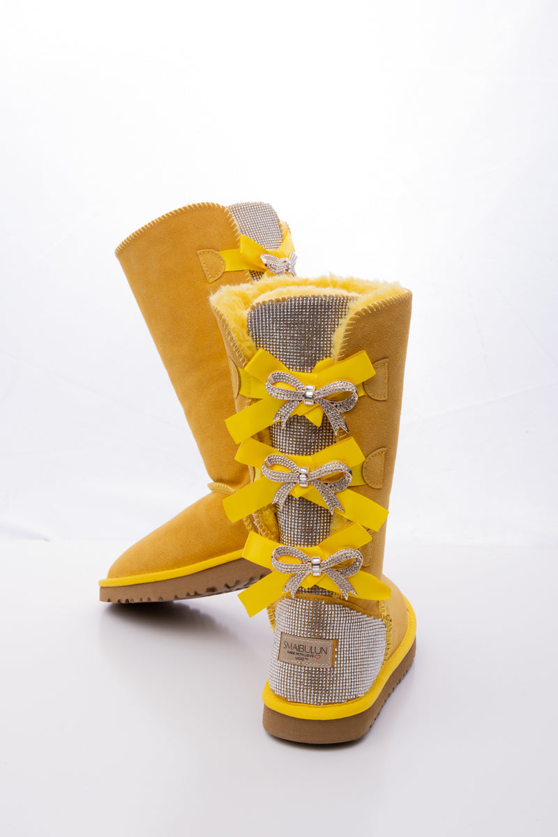 UGG Rhinestone Ribbon Tri-Tie Bow Suede Boots - Yellow