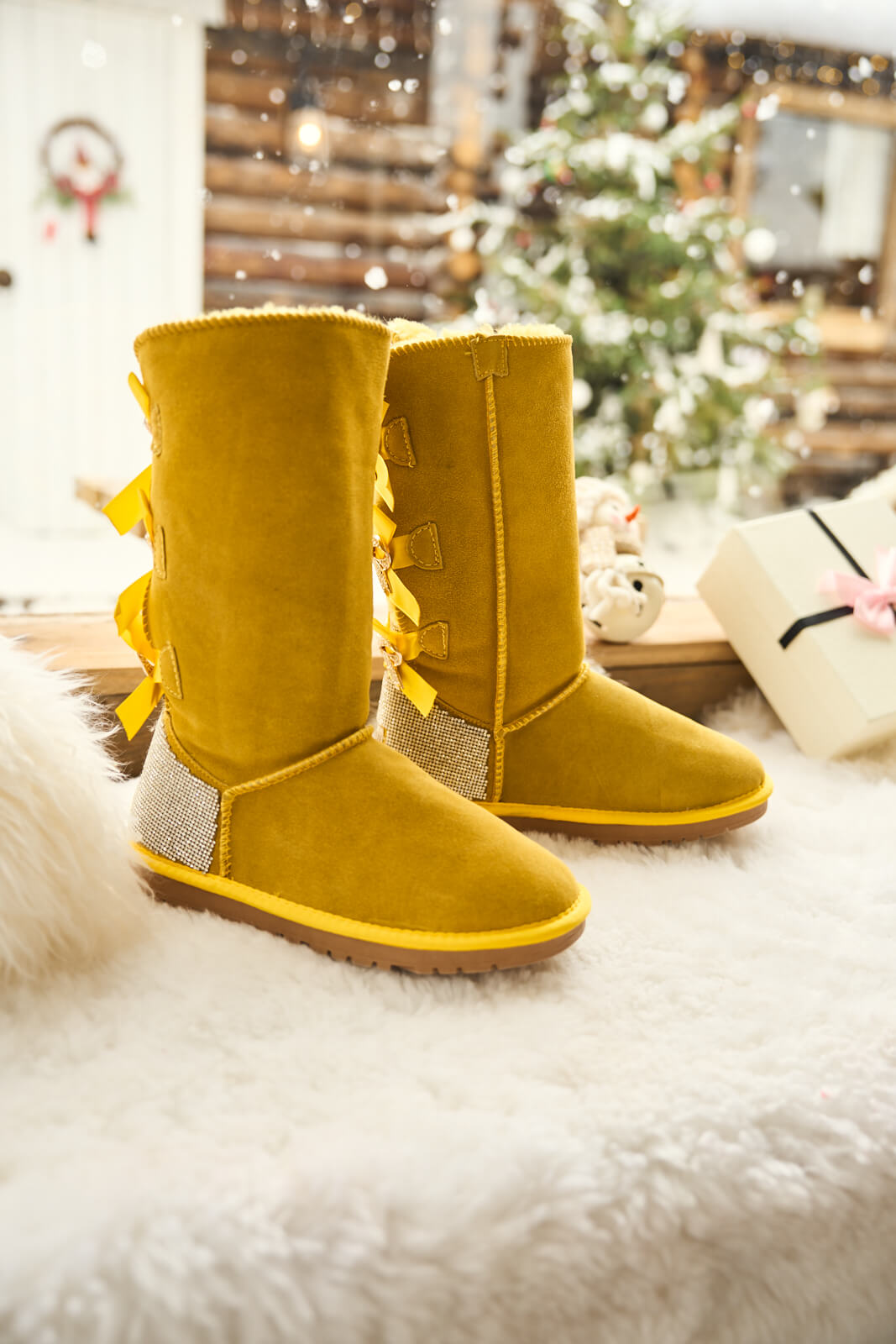 UGG Rhinestone Ribbon Tri-Tie Bow Suede Boots - Lemon