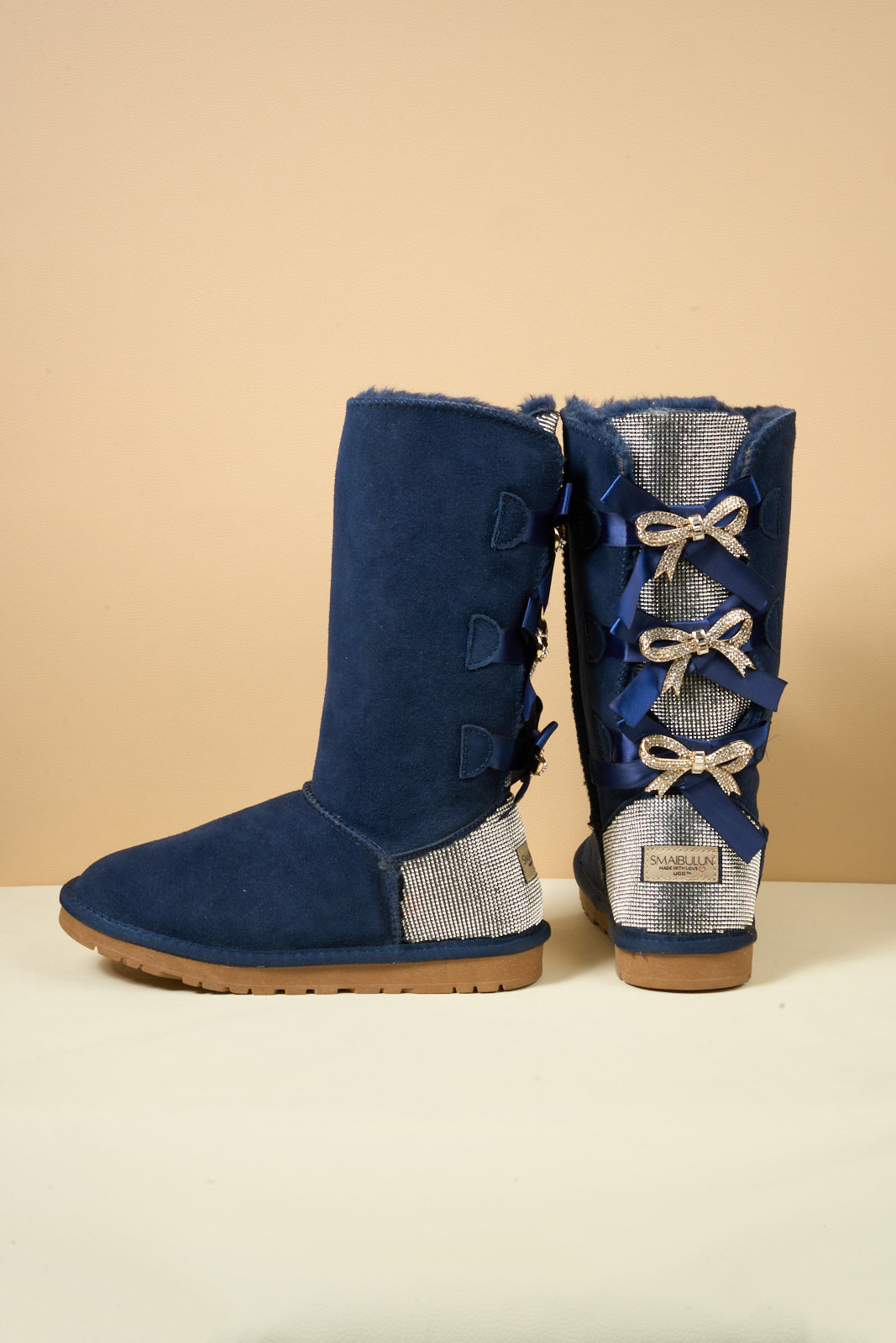 UGG Rhinestone Ribbon Tri-Tie Bow Suede Boots - Navy