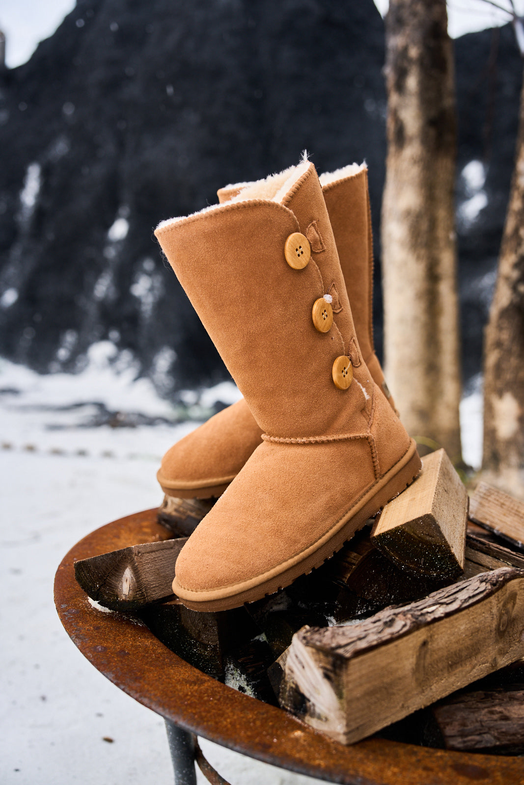 UGG Side Button Faux Fur-Lined Leather Suede Boots - Chestnut
