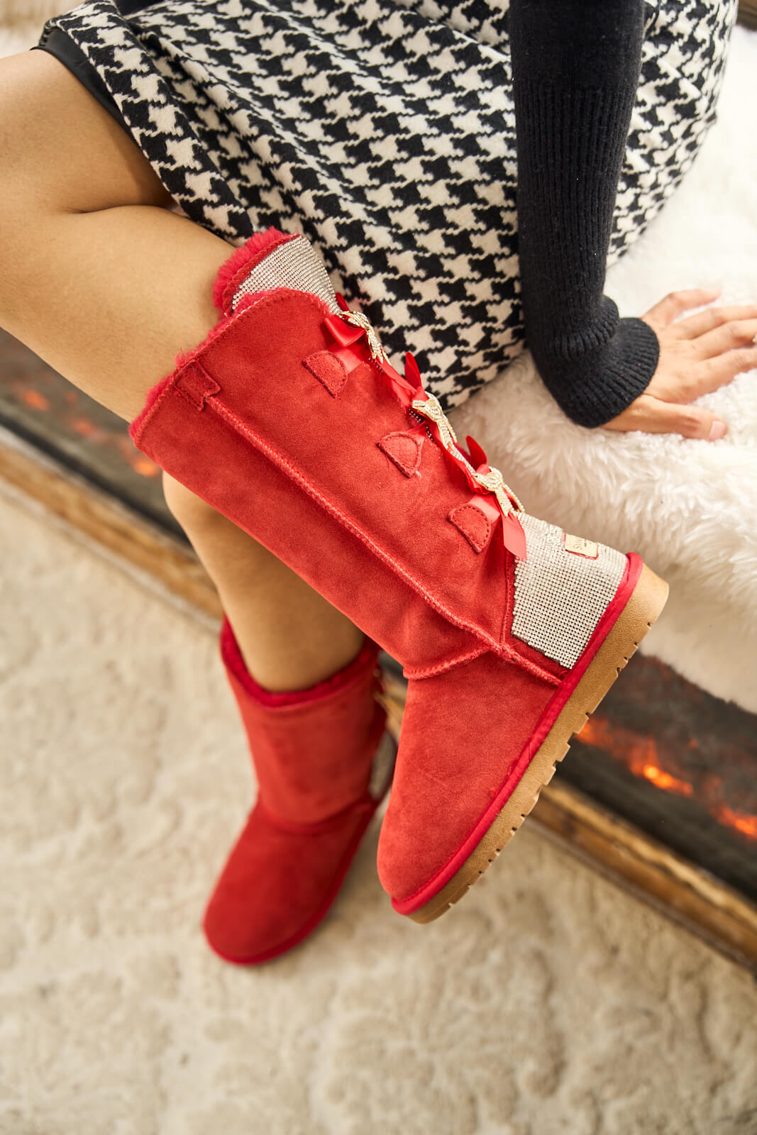 UGG Rhinestone Ribbon Tri-Tie Bow Suede Boots - Candy