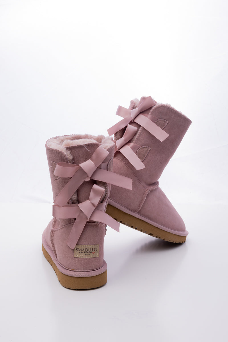 UGG Double Ballet Ribbon Bow Suede Shearling Boots - Taro