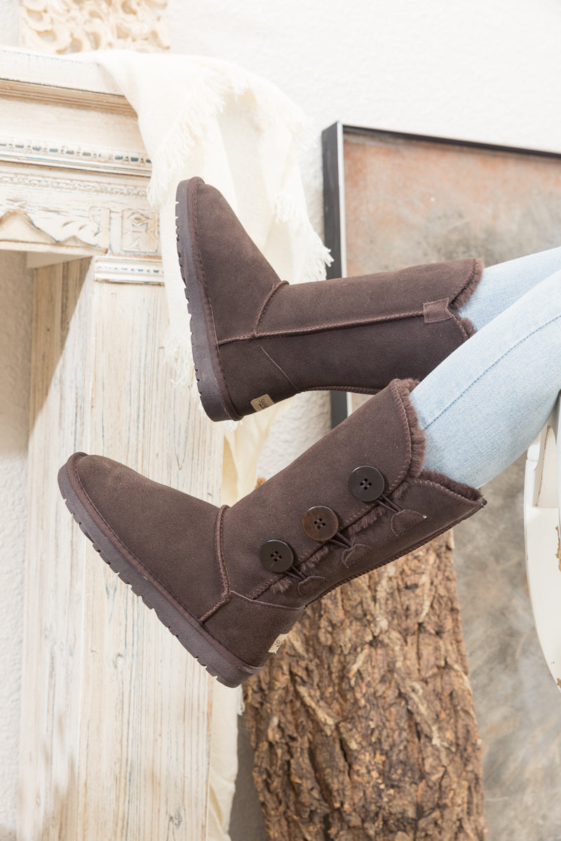 UGG Side Button Faux Fur-Lined Leather Suede Boots - Chocolate
