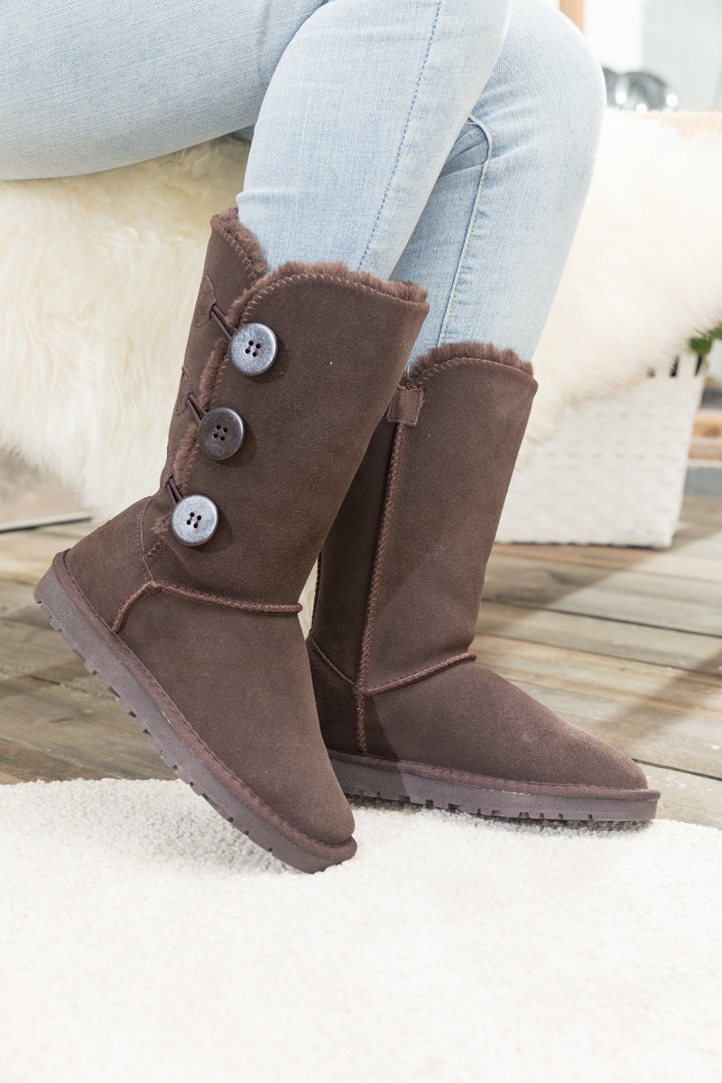 UGG Side Button Faux Fur-Lined Leather Suede Boots - Chocolate