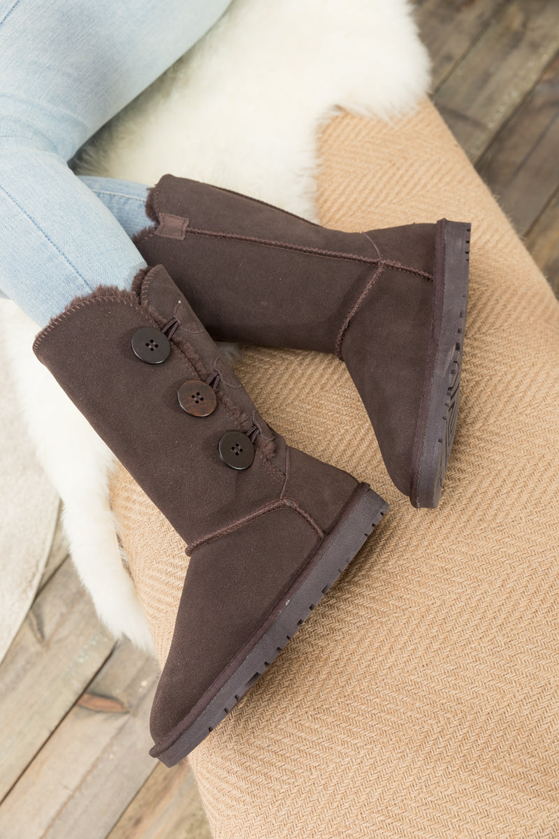 UGG Side Button Faux Fur-Lined Leather Suede Boots - Chocolate