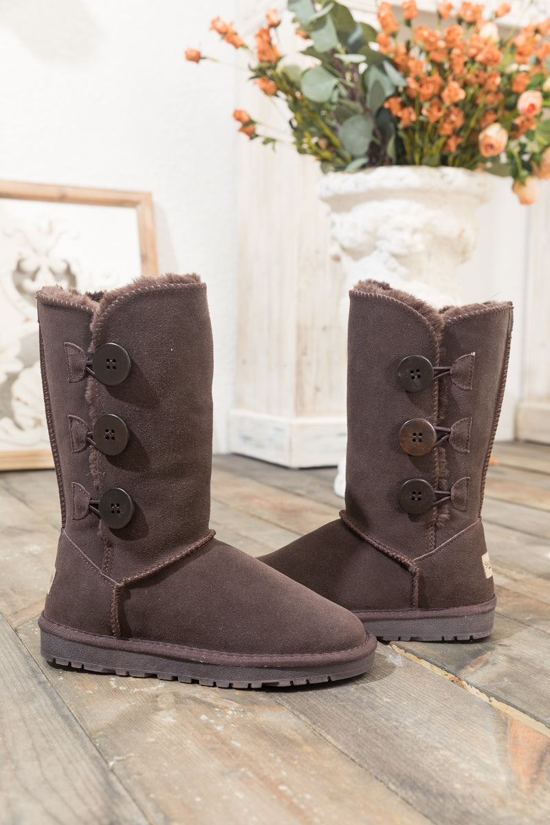 UGG Side Button Faux Fur-Lined Leather Suede Boots - Chocolate