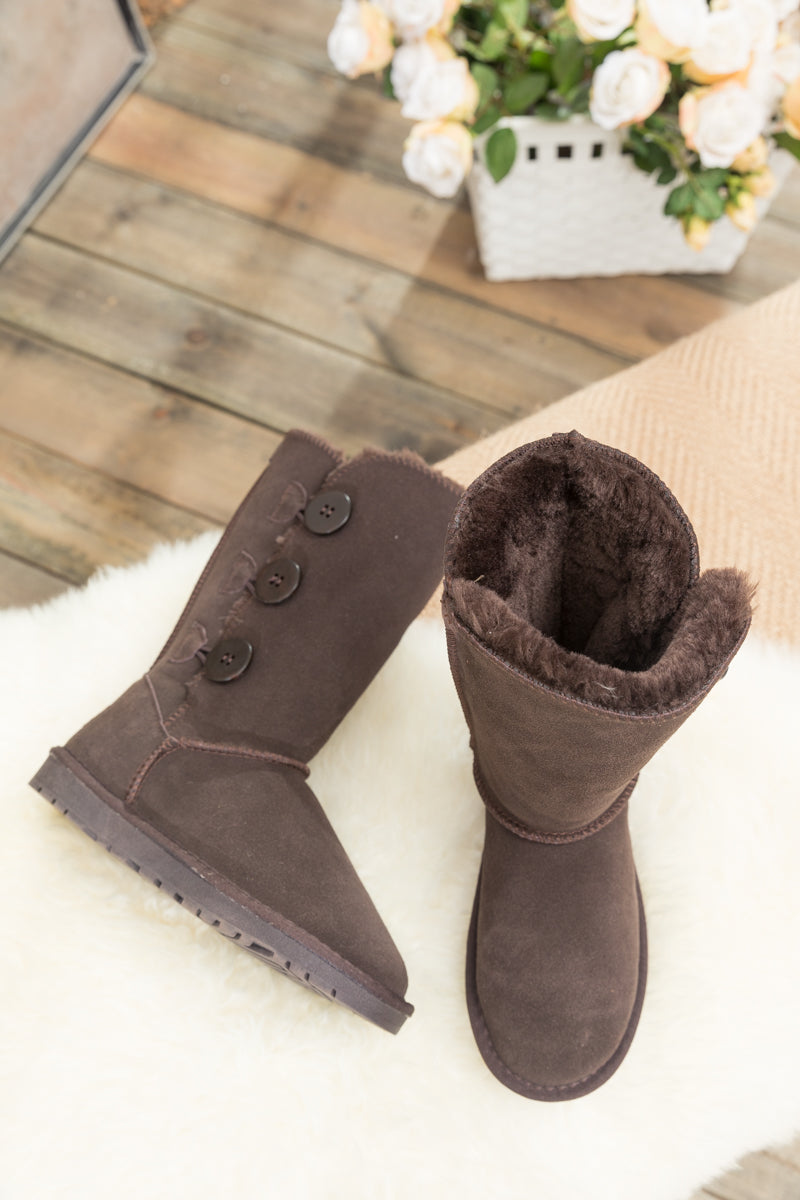 UGG Side Button Faux Fur-Lined Leather Suede Boots - Chocolate