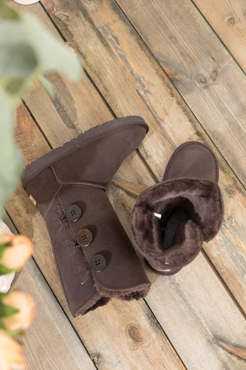 UGG Side Button Faux Fur-Lined Leather Suede Boots - Chocolate