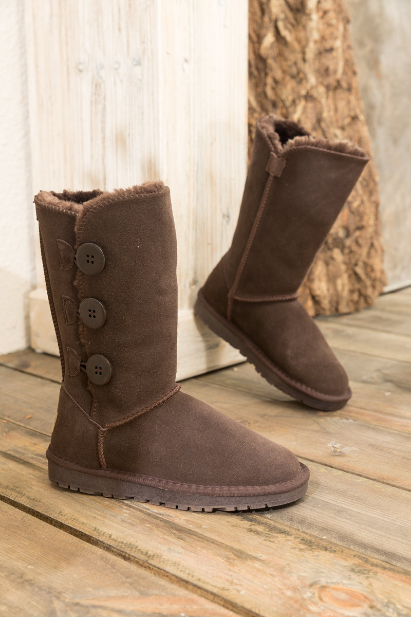 UGG Side Button Faux Fur-Lined Leather Suede Boots - Chocolate
