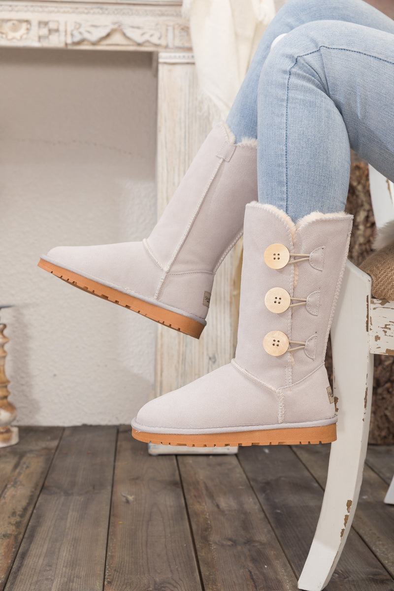 UGG Side Button Faux Fur-Lined Leather Suede Boots - Cream