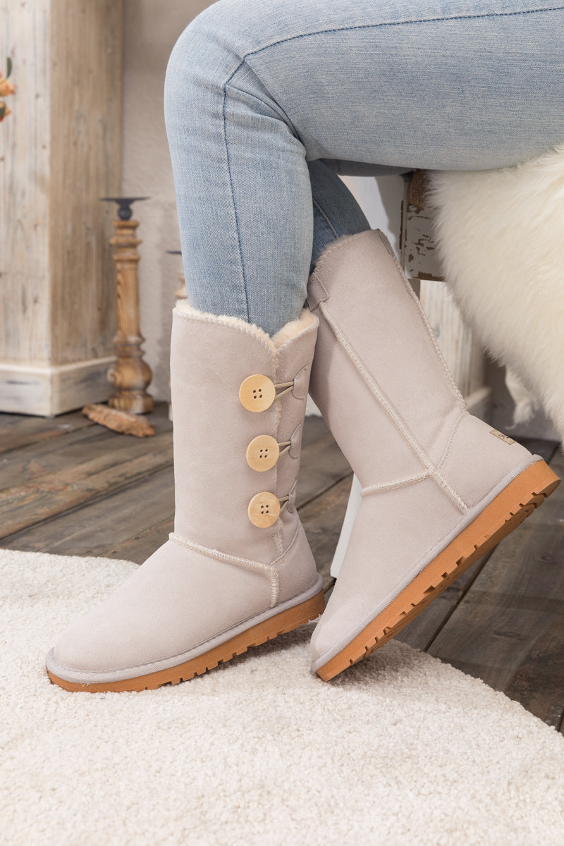 UGG Side Button Faux Fur-Lined Leather Suede Boots - Cream