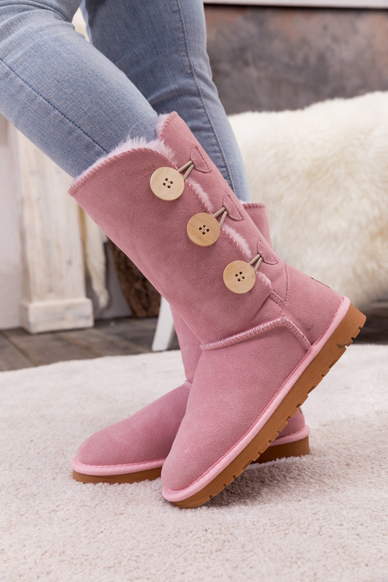 UGG Side Button Faux Fur-Lined Leather Suede Boots - Pink